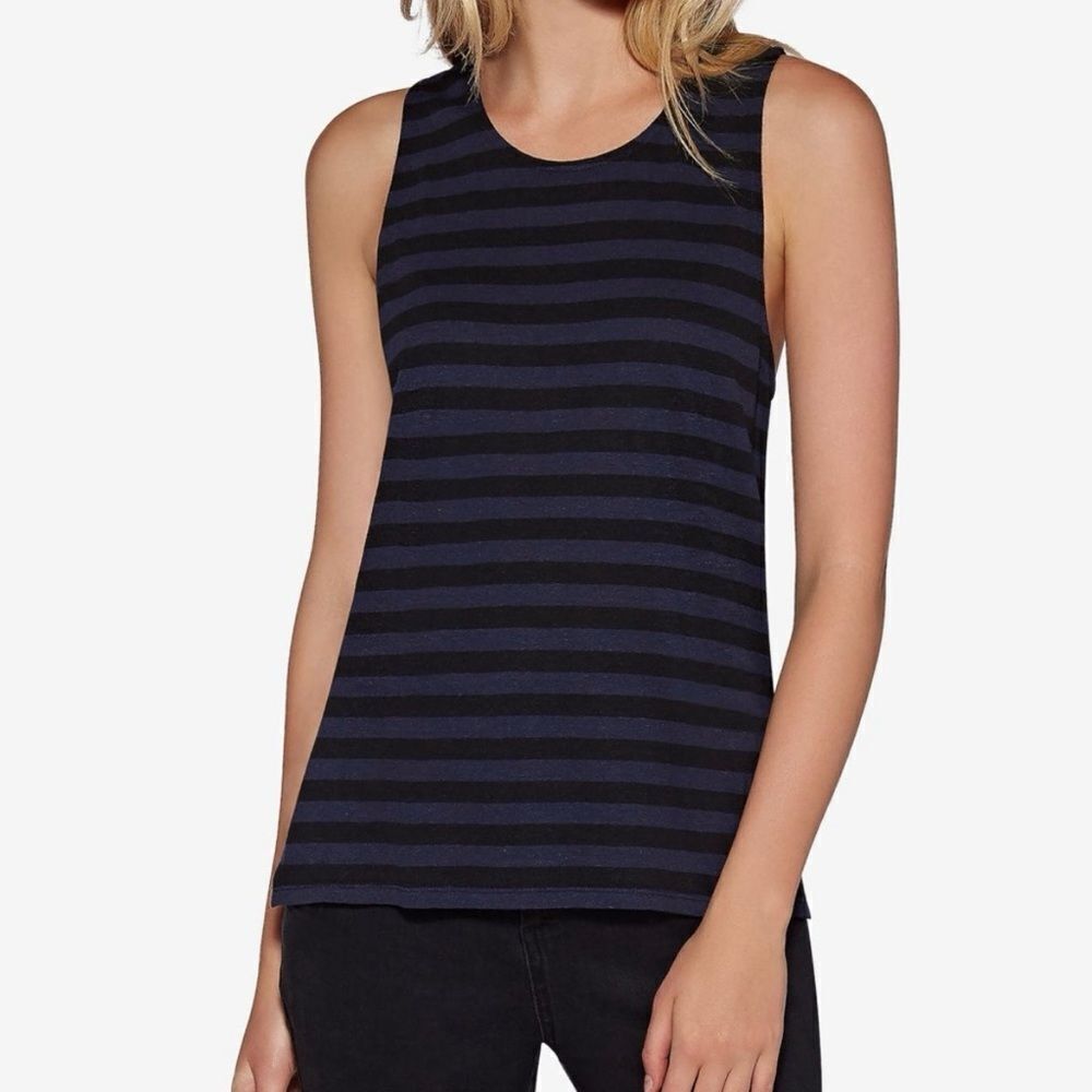 Avec Les Filles Black & Blue Striped Simplicity Tank Top Size‎ Large